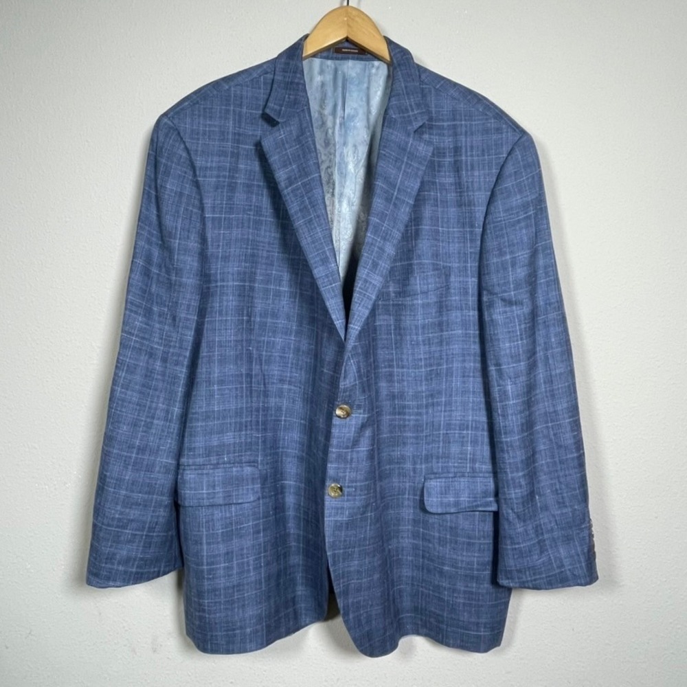 Peter Millar Blazer Mens 50R Blue Plaid Silk Linen Wool E. Thomas Italian Fabric